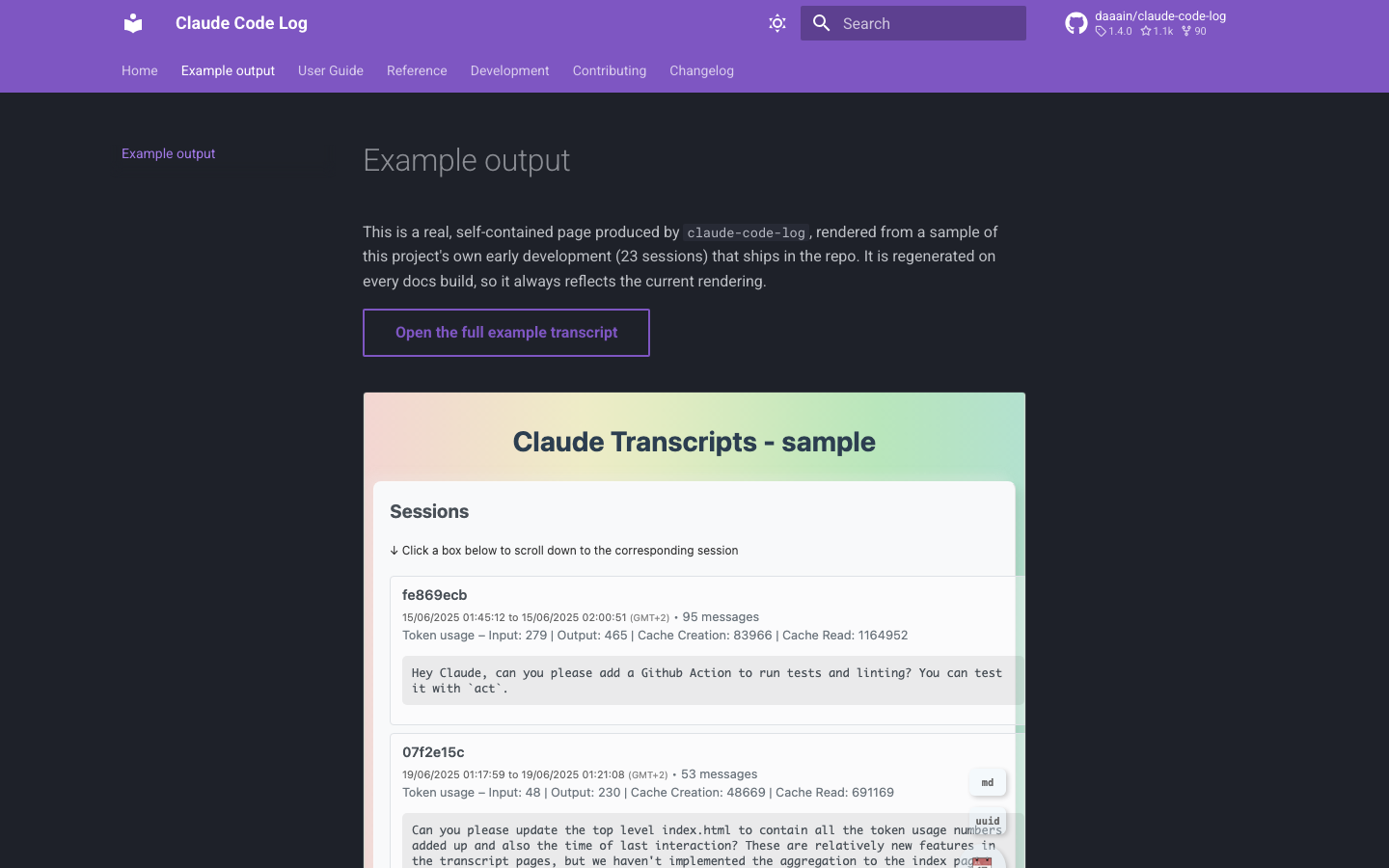claude-code-log rendered HTML transcript output