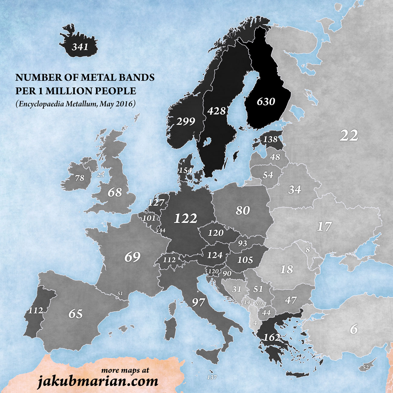 Number of metal bands per capita in Europe by Jakub Marian