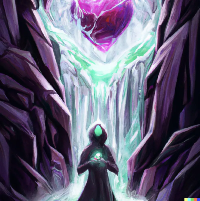 “A spirit in a waterfall of hearts, digital art”